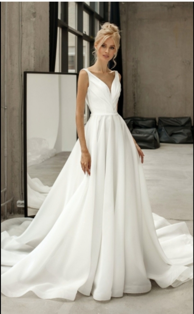 Свадебное платье Барселона  а-силуэт (принцесса) белое, из фатина, из атласа, длинное, в пол, пышное, подходит беременным, большого размера, фото, коллекция 2024