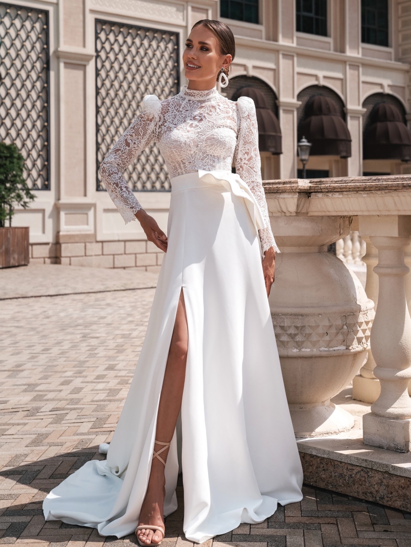 Свадебное платье Delli прямое белое, закрытое, длинное, в пол, фото, коллекция 2024
