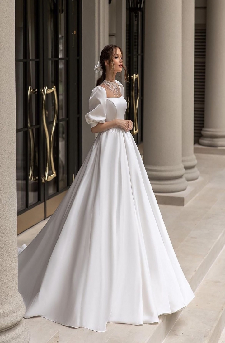 Свадебное платье Senni а-силуэт (принцесса) белое, из атласа, длинное, в пол, пышное, фото, коллекция 2024
