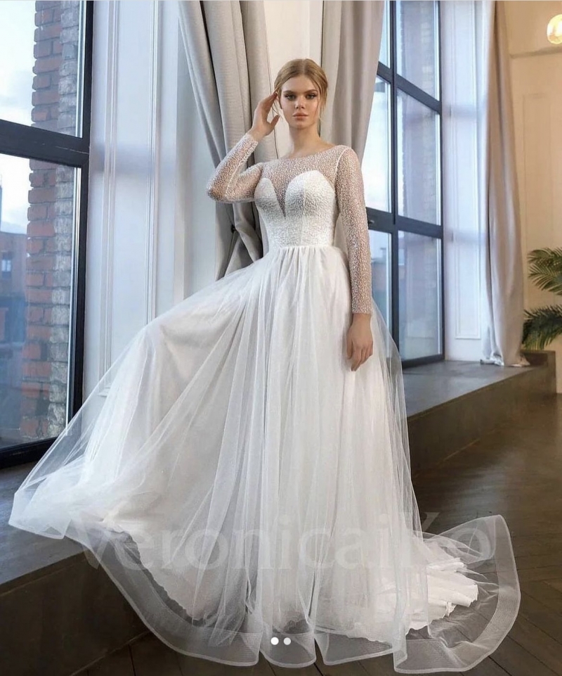 Свадебное платье Veronica а-силуэт (принцесса) белое, из фатина, закрытое, длинное, в пол, пышное, фото, коллекция 2023