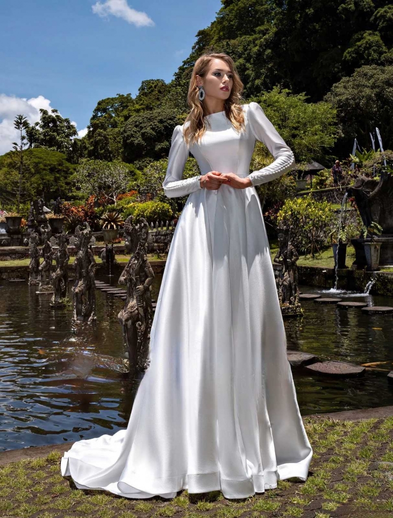 Свадебное платье Элизабет  а-силуэт (принцесса) айвори, из атласа, закрытое, длинное, в пол, фото, коллекция 2026