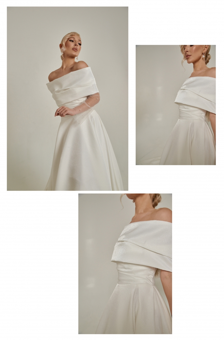 Свадебное платье Charlie а-силуэт (принцесса) айвори, из атласа, закрытое, длинное, в пол, пышное, фото, коллекция 2025