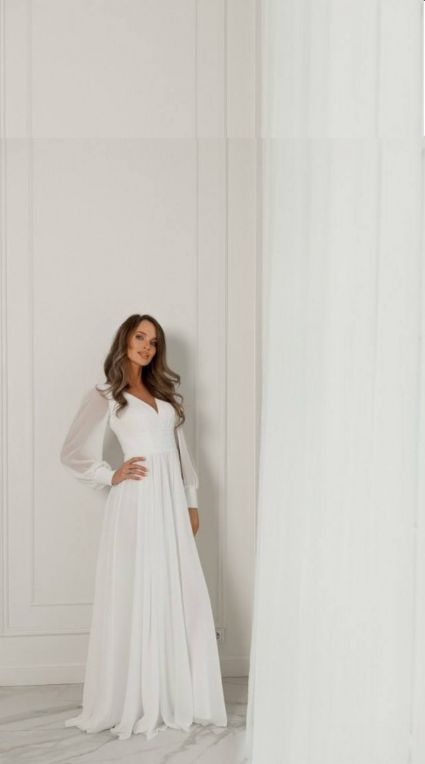 Свадебное платье Ирина прямое белое, закрытое, длинное, в пол, подходит беременным, большого размера, фото, коллекция 2025