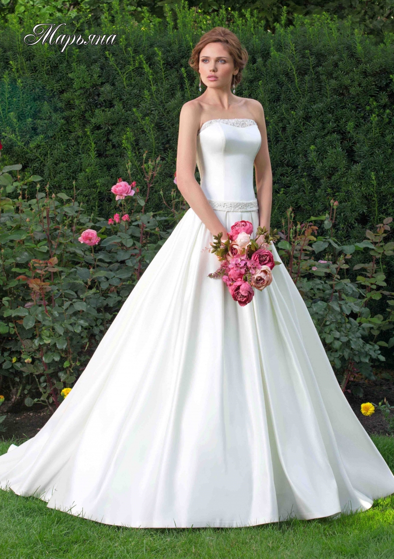 Свадебное платье Марьяна а-силуэт (принцесса) айвори, из атласа, длинное, фото, коллекция 2022