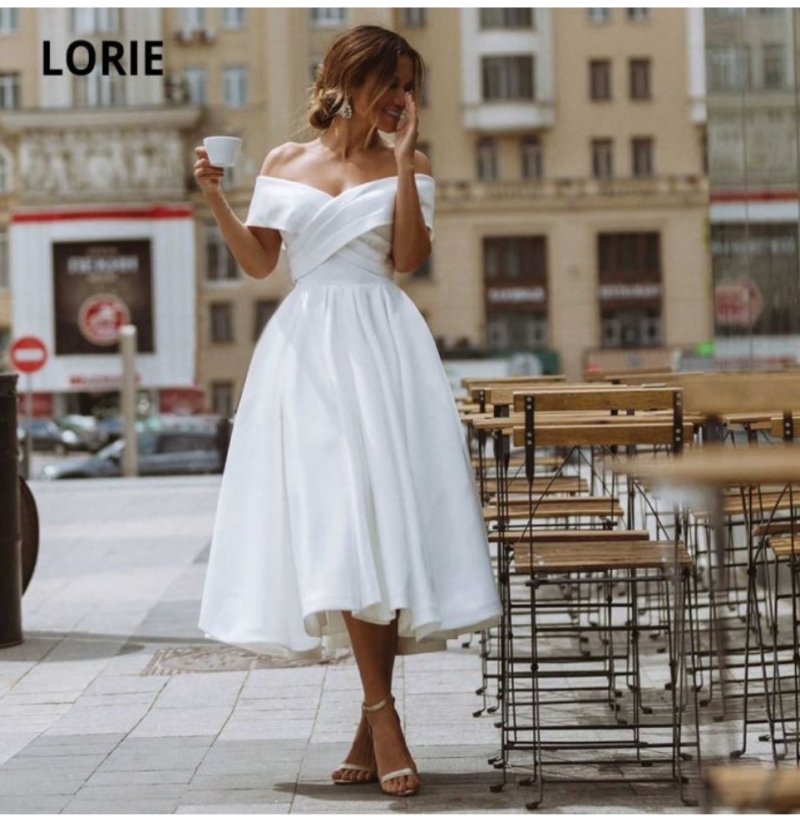 Свадебное платье Lorie а-силуэт (принцесса) айвори, из атласа, миди, фото, коллекция 2023