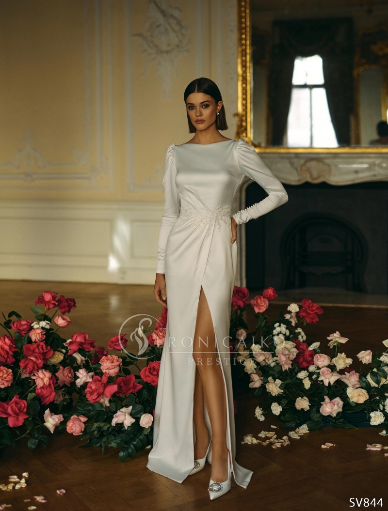 Свадебное платье Diana годе (русалка) белое, из атласа, закрытое, длинное, в пол, фото, коллекция 2025