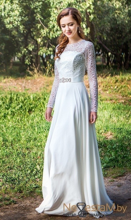 кружевное свадебное платье с шифоновой юбкой прямое айвори, закрытое, фото, коллекция 2015