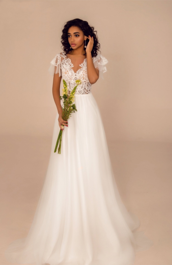 Свадебное платье 2086 а-силуэт (принцесса) айвори, из фатина, длинное, фото, коллекция 2022