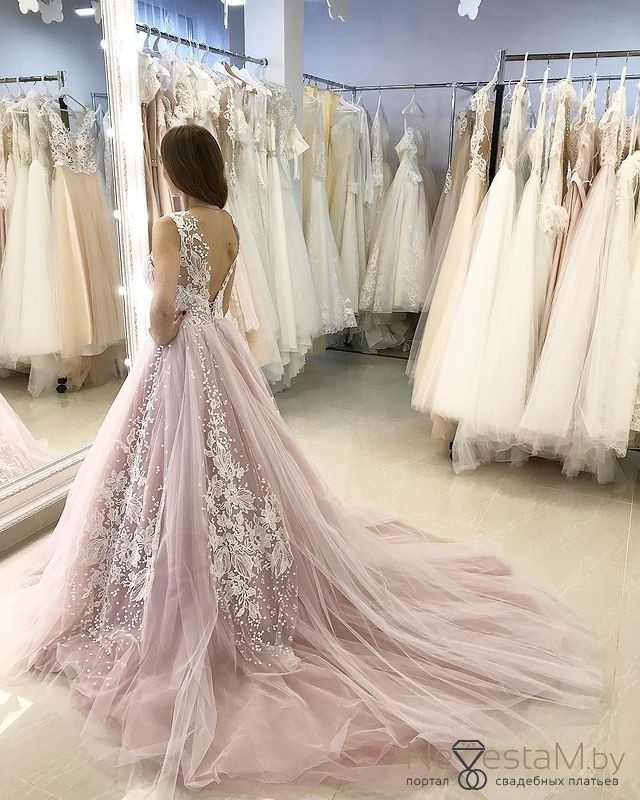 Свадебное платье Витни а-силуэт (принцесса) розовое, из фатина, длинное, в пол, пышное, фото, коллекция 2021