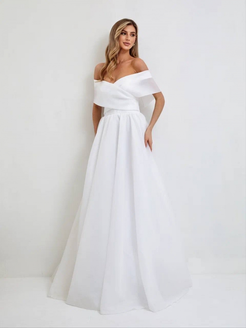 Стильное свадебное платье а-силуэт (принцесса) белое, из атласа, длинное, в пол, пышное, подходит беременным, большого размера, фото, коллекция 2023