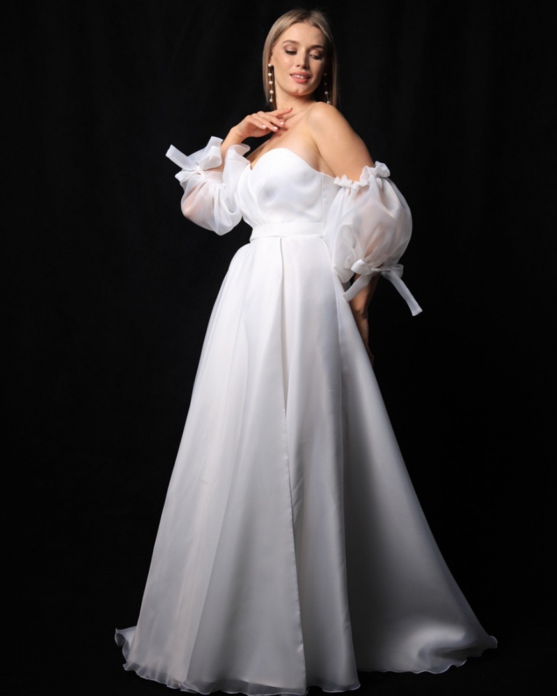 Свадебное платье Ellada а-силуэт (принцесса) айвори, из атласа, короткое, миди, пышное, фото, коллекция 2024