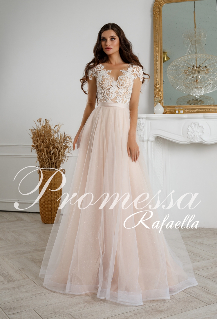 Свадебное платье Rafaella а-силуэт (принцесса) пудровое, из фатина, длинное, в пол, фото, коллекция 2021