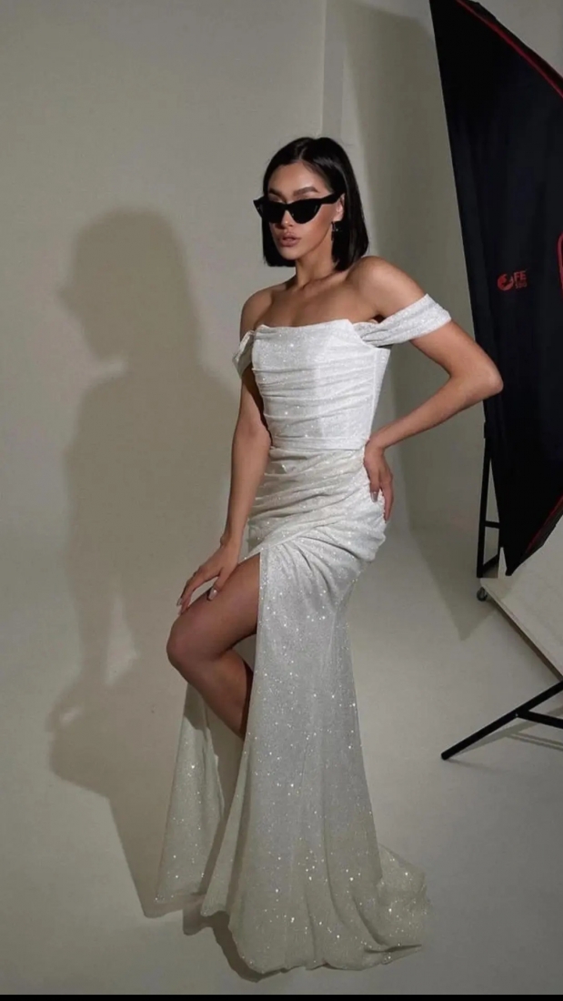 Свадебное платье Shine  годе (русалка) серебряное, из атласа, длинное, в пол, фото, коллекция 2024