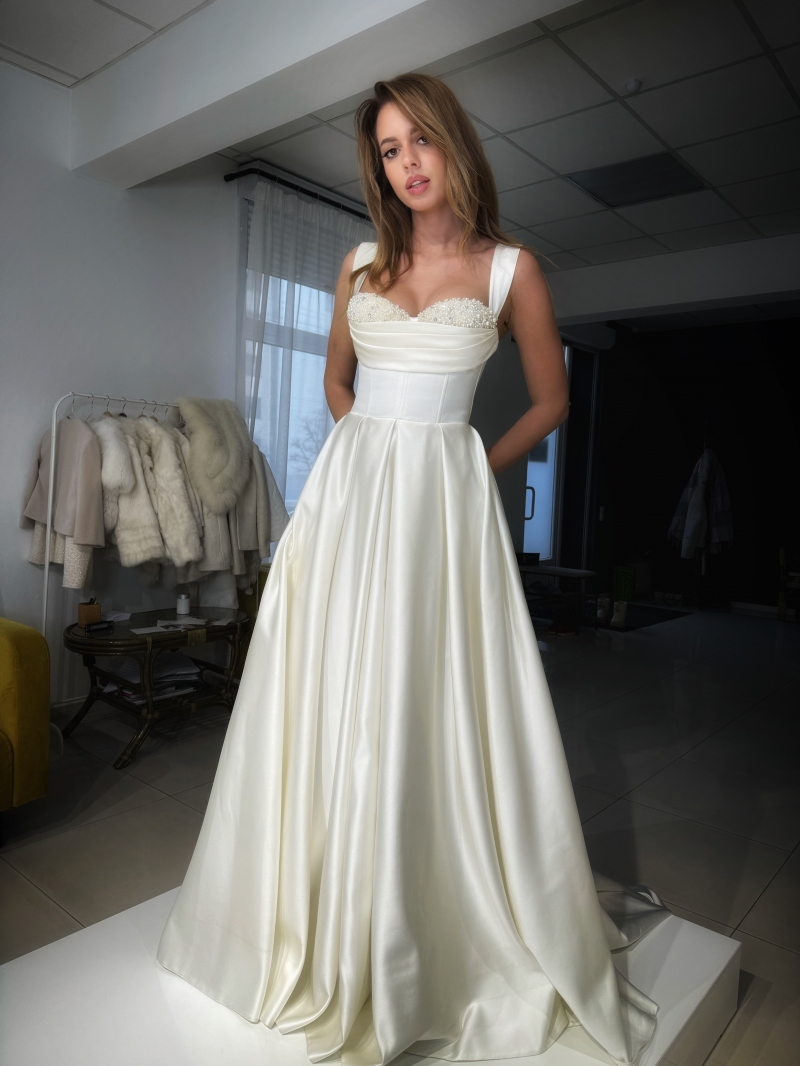Свадебное платье Jessy а-силуэт (принцесса) айвори, из атласа, длинное, в пол, пышное, подходит беременным, фото, коллекция 2024