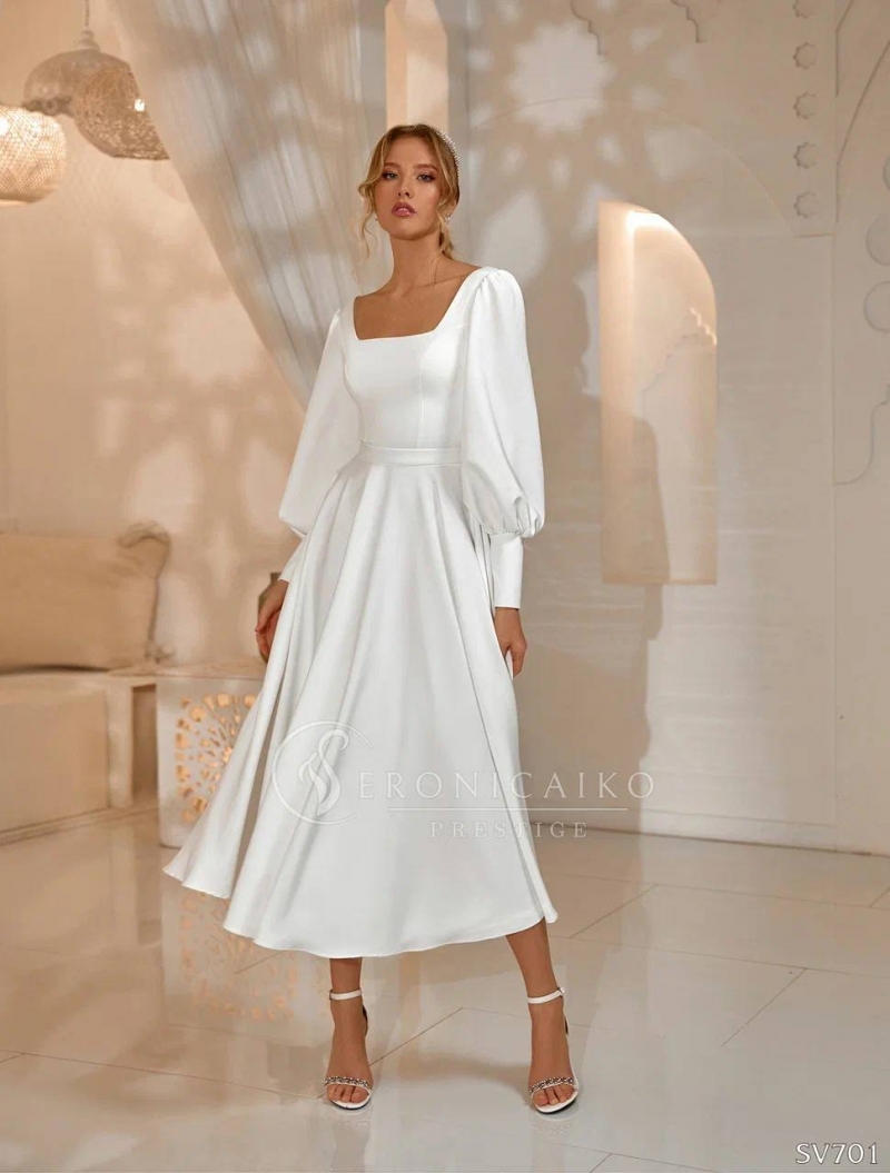 Свадебное платье Paula а-силуэт (принцесса) белое, закрытое, миди, фото, коллекция 2024