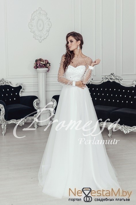 Свадебное платье Perlamutr а-силуэт (принцесса) белое, из фатина, длинное, в пол, подходит беременным, большого размера, фото, коллекция 2023