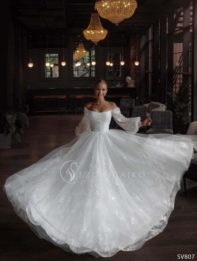 Свадебное платье Veronica а-силуэт (принцесса) белое, из фатина, закрытое, длинное, в пол, пышное, фото, коллекция 2025