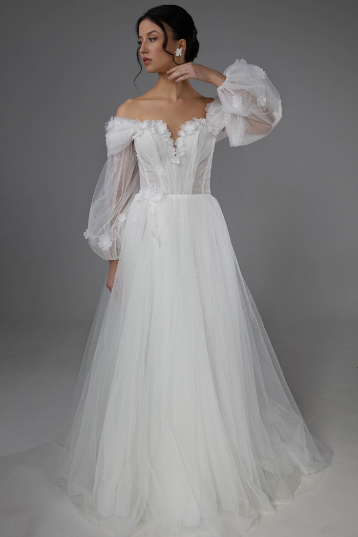 Свадебное платье Molly а-силуэт (принцесса) белое, из фатина, длинное, в пол, фото, коллекция 2025