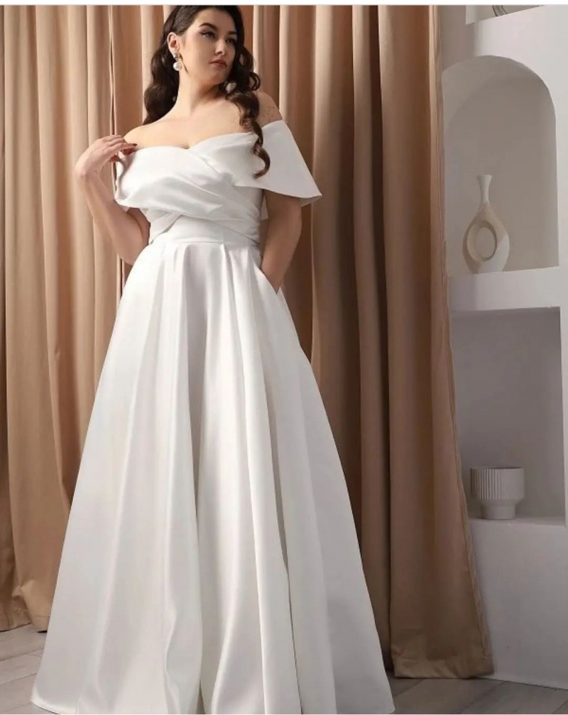 Свадебное платье Нати прямое айвори, из атласа, длинное, в пол, большого размера, фото, коллекция 2023