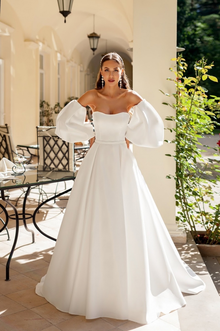 Свадебное платье Лира а-силуэт (принцесса) белое, из атласа, длинное, в пол, пышное, фото, коллекция 2024