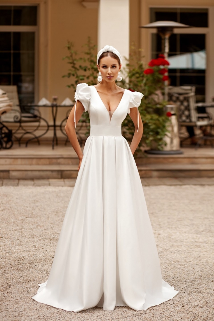 Свадебное платье Лесли  а-силуэт (принцесса) белое, из атласа, пышное, фото, коллекция 2024