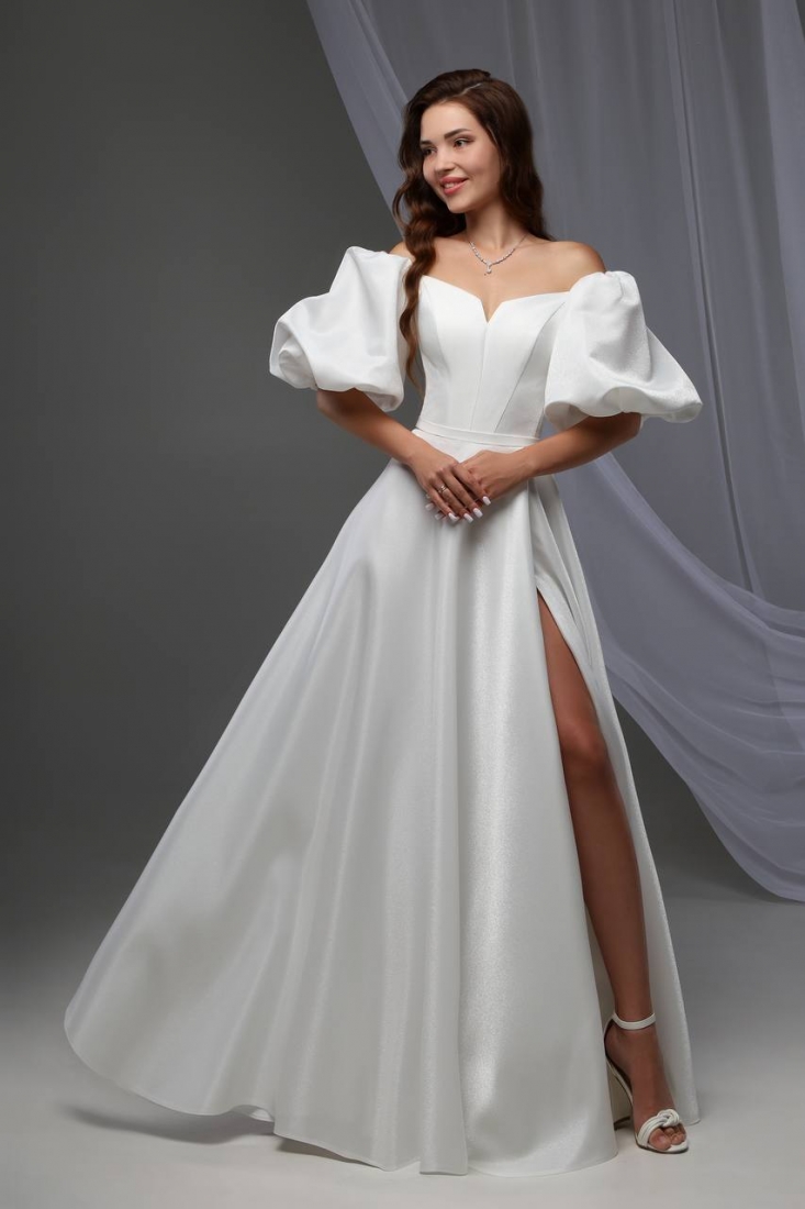 Свадебное платье Эмиле а-силуэт (принцесса) белое, из атласа, длинное, в пол, большого размера, фото, коллекция 2024