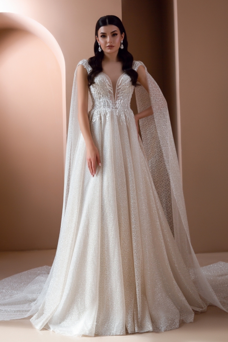 Свадебное платье Zarina а-силуэт (принцесса) шампань, из фатина, фото, коллекция 2021