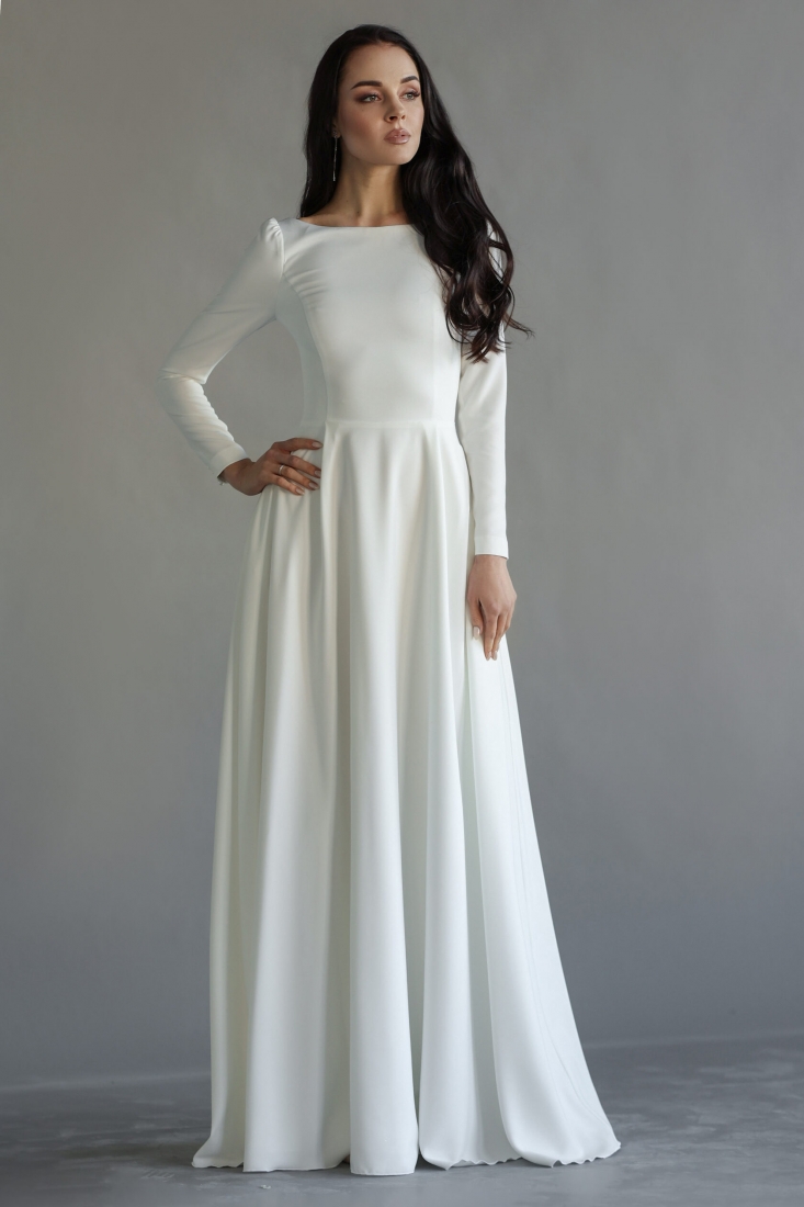 Свадебное платье Брижит а-силуэт (принцесса) белое, закрытое, миди, длинное, в пол, подходит беременным, большого размера, фото, коллекция 2023