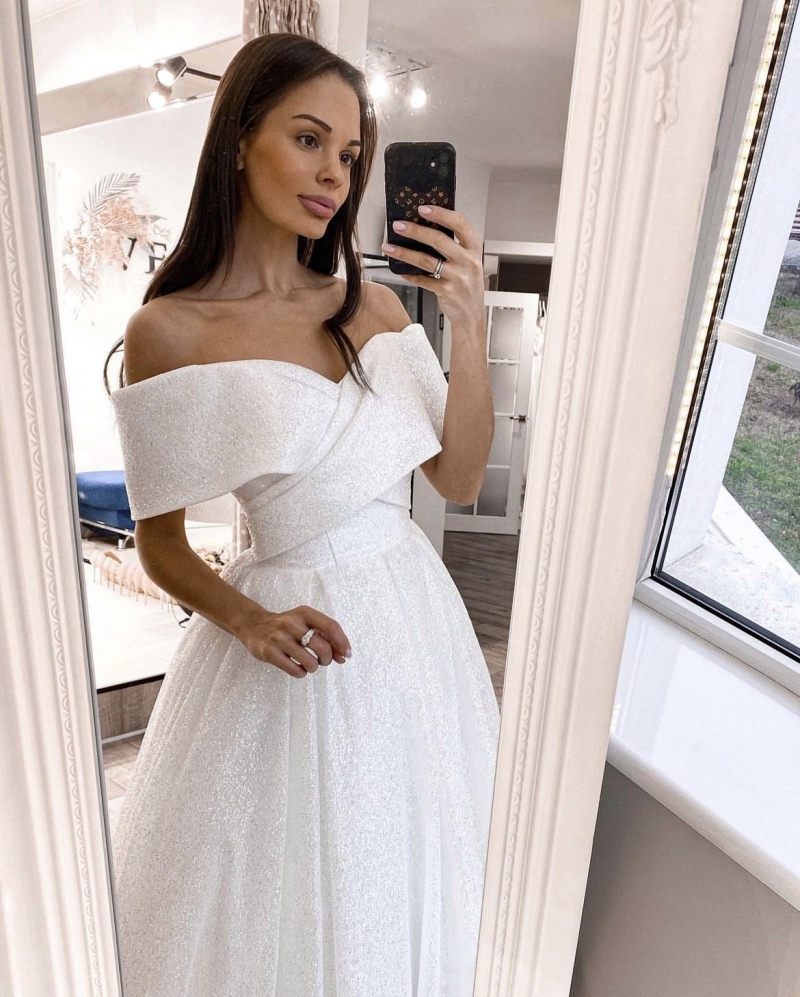 Свадебное платье Jaine glitter а-силуэт (принцесса) белое, длинное, в пол, пышное, подходит беременным, большого размера, фото, коллекция 2023