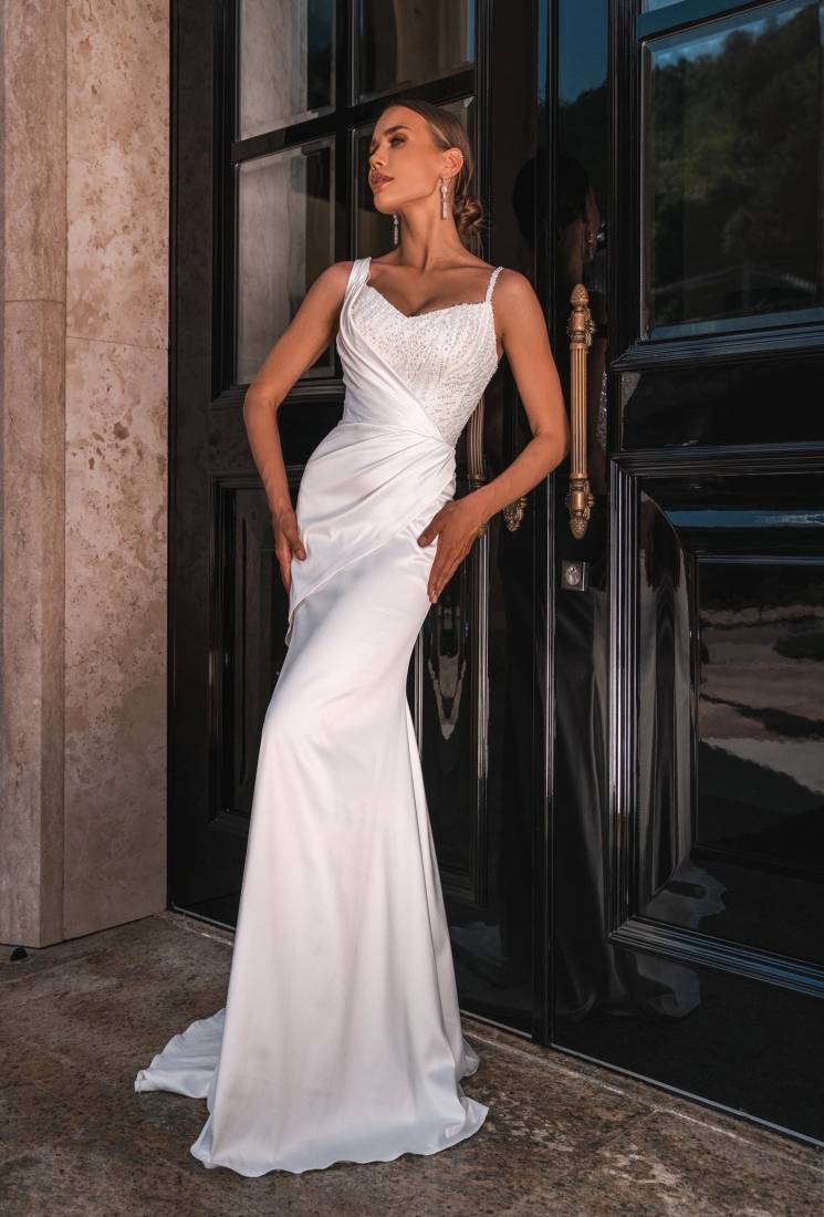 Свадебное платье Белинла годе (русалка) белое, из атласа, длинное, в пол, фото, коллекция 2024