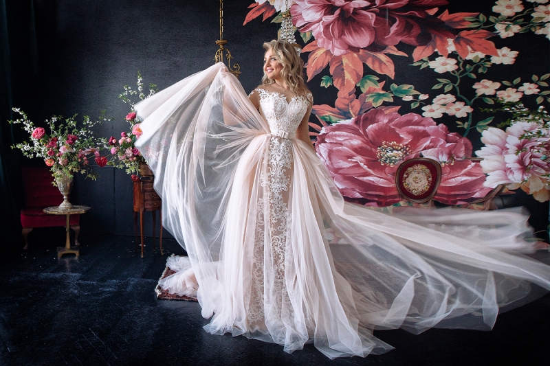 Свадебное платье Demi а-силуэт (принцесса) пудровое, длинное, фото, коллекция 2020
